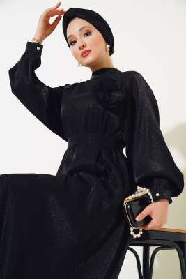 Volanlı Parlak Elbise Siyah - Thumbnail