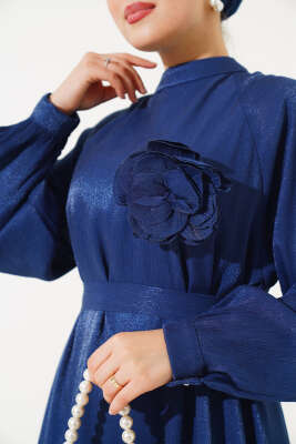 Volanlı Parlak Elbise Lacivert - Thumbnail