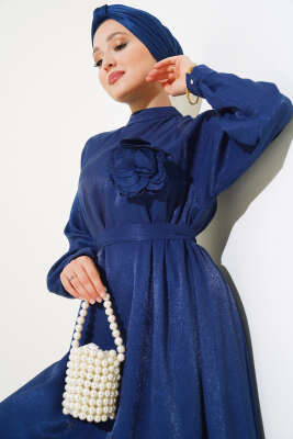 Volanlı Parlak Elbise Lacivert - Thumbnail