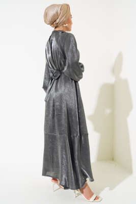 Volanlı Parlak Elbise Füme - Thumbnail