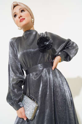 Volanlı Parlak Elbise Füme - Thumbnail