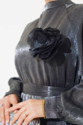 Volanlı Parlak Elbise Füme - Thumbnail