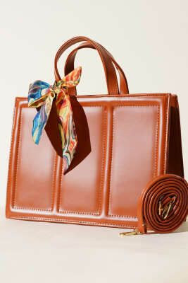 Pazarium - Fularlı Dikdörtgen Çanta Taba