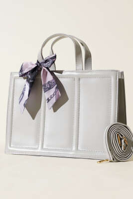 Fularlı Dikdörtgen Çanta Gri - Thumbnail