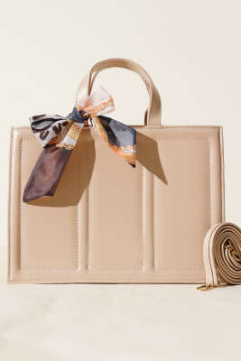 Fularlı Dikdörtgen Çanta Bej - Thumbnail