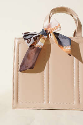 Fularlı Dikdörtgen Çanta Bej - Thumbnail