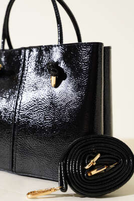 Dikiş Detaylı Kadın El Çantası Siyah Kroko - Thumbnail