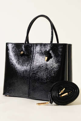 Dikiş Detaylı Kadın El Çantası Siyah Kroko - Thumbnail