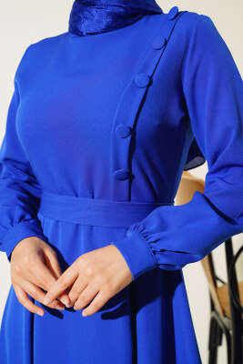 Yanı Kaplama Düğmeli Elbise Saks - Thumbnail