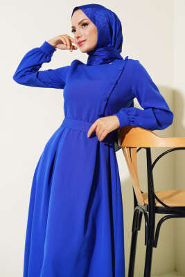 Yanı Kaplama Düğmeli Elbise Saks - Thumbnail