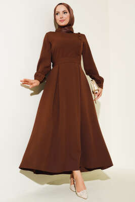 Yanı Kaplama Düğmeli Elbise Kahve - Thumbnail