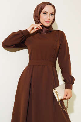 Yanı Kaplama Düğmeli Elbise Kahve - Thumbnail