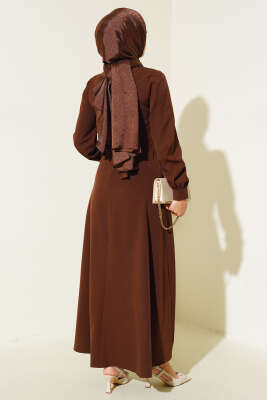 Yanı Kaplama Düğmeli Elbise Kahve - Thumbnail