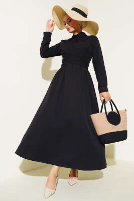 Önü Bağlamalı Yarım Düğmeli Elbise Siyah - Thumbnail