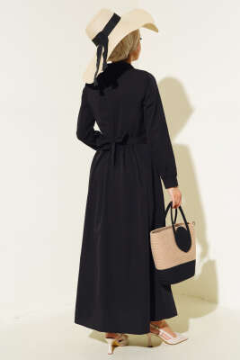 Önü Bağlamalı Yarım Düğmeli Elbise Siyah - Thumbnail