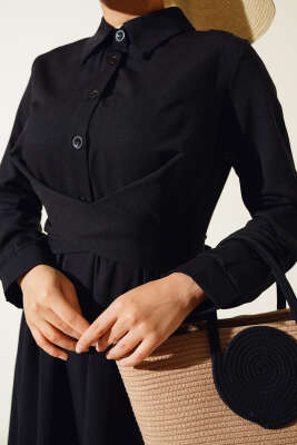 Önü Bağlamalı Yarım Düğmeli Elbise Siyah - Thumbnail