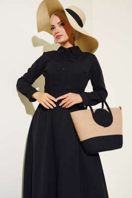 Önü Bağlamalı Yarım Düğmeli Elbise Siyah - Thumbnail