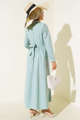 Önü Bağlamalı Yarım Düğmeli Elbise Mint - Thumbnail