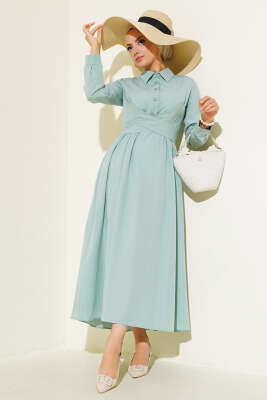 Önü Bağlamalı Yarım Düğmeli Elbise Mint - Thumbnail