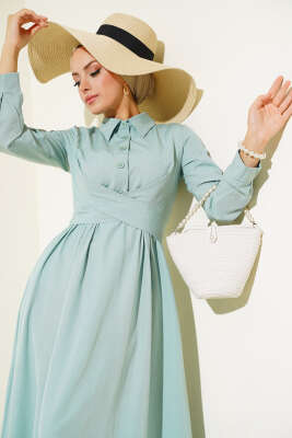 Önü Bağlamalı Yarım Düğmeli Elbise Mint - Thumbnail