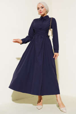 Önü Bağlamalı Yarım Düğmeli Elbise Lacivert - Thumbnail