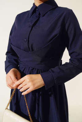 Önü Bağlamalı Yarım Düğmeli Elbise Lacivert - Thumbnail