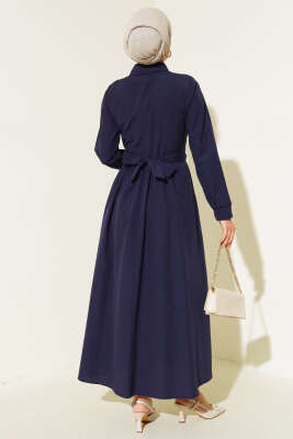 Önü Bağlamalı Yarım Düğmeli Elbise Lacivert - Thumbnail