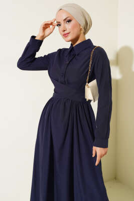 Önü Bağlamalı Yarım Düğmeli Elbise Lacivert - Thumbnail