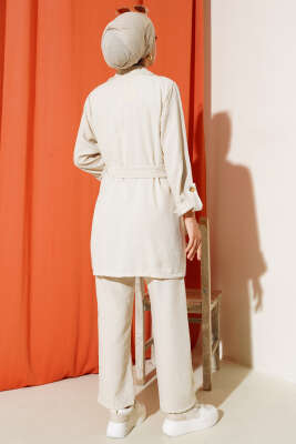 Düğmeli Kruvaze Yaka İkili Takım Taş - Thumbnail