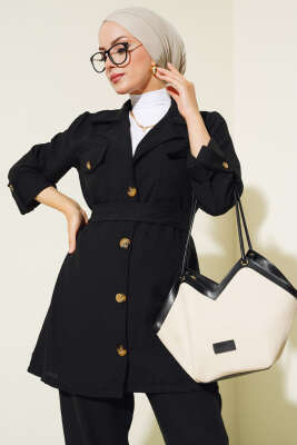 Düğmeli Kruvaze Yaka İkili Takım Siyah - Thumbnail