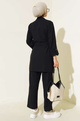 Düğmeli Kruvaze Yaka İkili Takım Siyah - Thumbnail