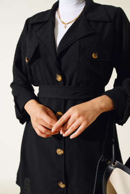 Düğmeli Kruvaze Yaka İkili Takım Siyah - Thumbnail