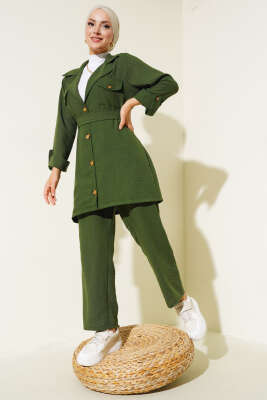 Düğmeli Kruvaze Yaka İkili Takım Haki - Thumbnail