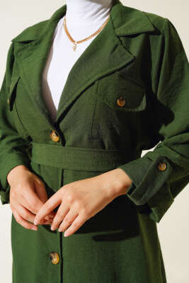 Düğmeli Kruvaze Yaka İkili Takım Haki - Thumbnail