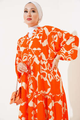 Desenli Yarasa Kol Viskon Elbise Oranj Bej - Thumbnail
