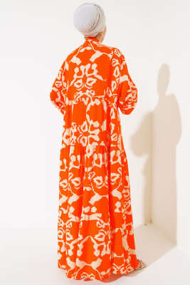 Desenli Yarasa Kol Viskon Elbise Oranj Bej - Thumbnail