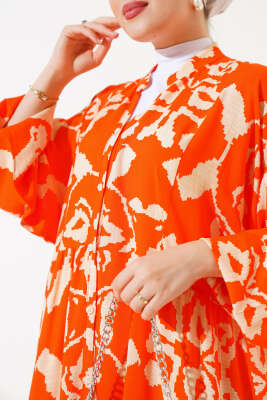 Desenli Yarasa Kol Viskon Elbise Oranj Bej - Thumbnail