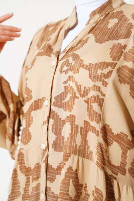 Desenli Yarasa Kol Viskon Elbise Bej Kahve - Thumbnail