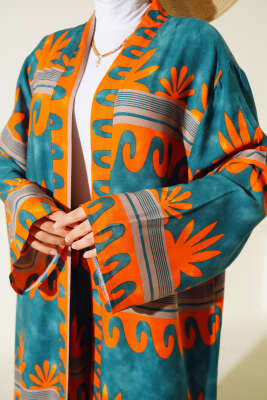 Etnik Desen Kimono İkili Takım Oranj Zümrüt - Thumbnail