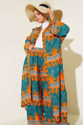 Etnik Desen Kimono İkili Takım Oranj Zümrüt - Thumbnail
