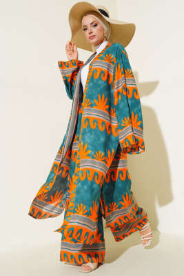 Etnik Desen Kimono İkili Takım Oranj Zümrüt - Thumbnail