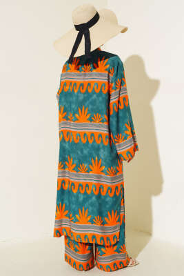 Etnik Desen Kimono İkili Takım Oranj Zümrüt - Thumbnail