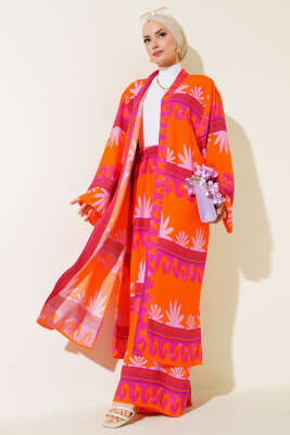 Etnik Desen Kimono İkili Takım Oranj Fuşya - Thumbnail