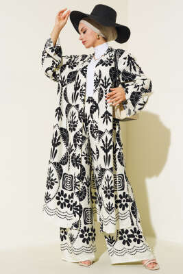 Etnik Desen Kimono İkili Takım Ekru - Thumbnail