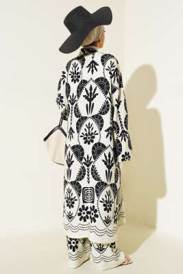 Etnik Desen Kimono İkili Takım Ekru - Thumbnail