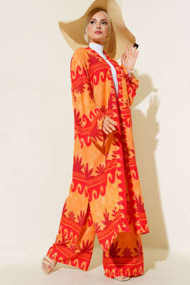 Pazarium - Etnik Desen Kimono İkili Takım Oranj Kırmızı