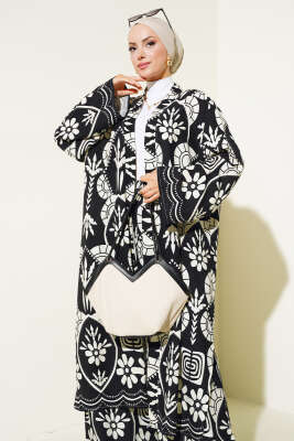Etnik Desen Kimono İkili Takım Siyah Ekru - Thumbnail