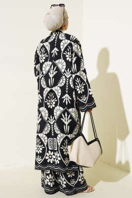 Etnik Desen Kimono İkili Takım Siyah Ekru - Thumbnail