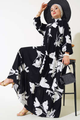 Desenli Yarasa Kol Viskon Elbise Siyah Beyaz - Thumbnail