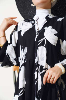 Desenli Yarasa Kol Viskon Elbise Siyah Beyaz - Thumbnail